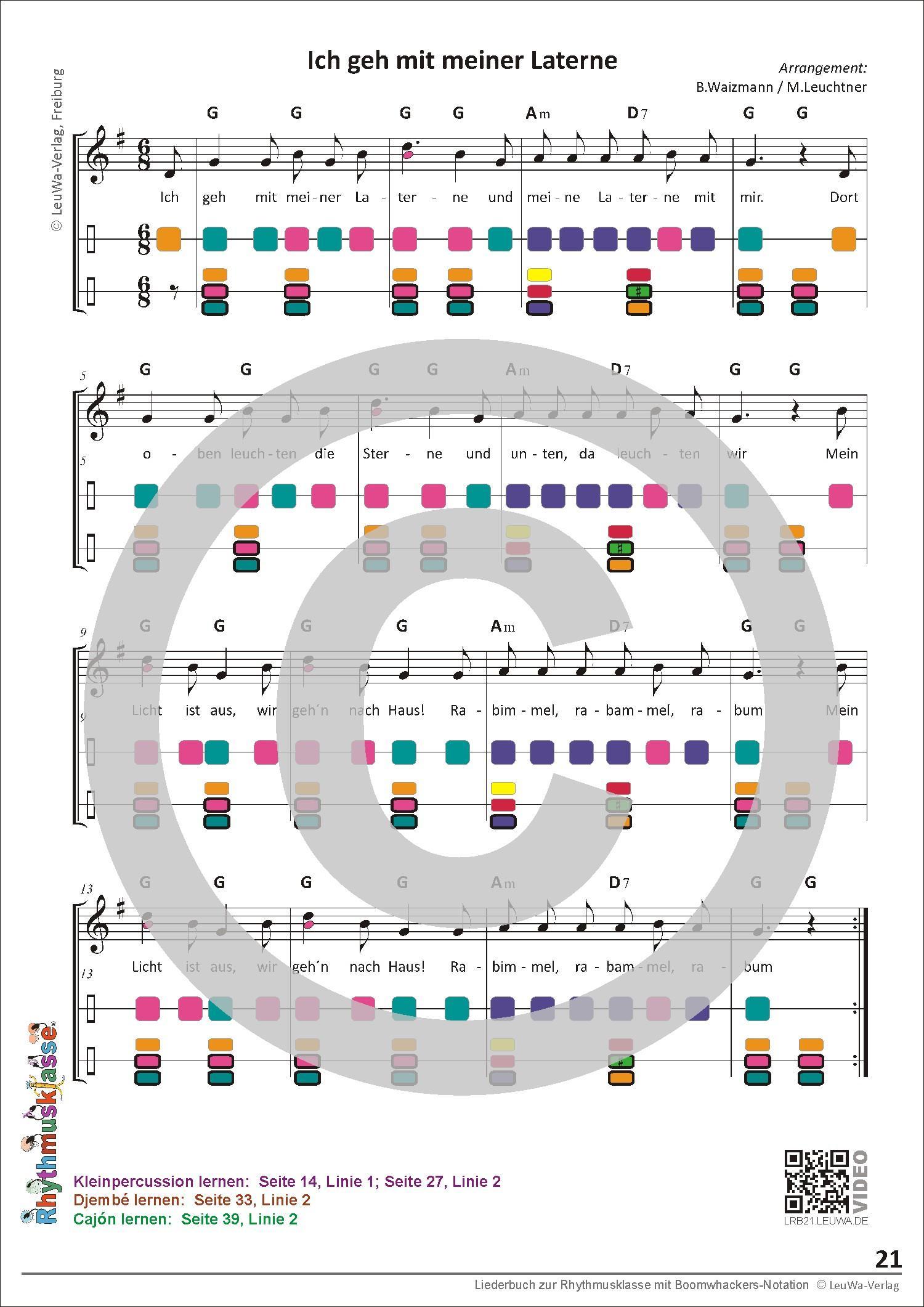 Beispielinhalt (Bild) Liederbuch zur Rhythmusklasse mit Boomwhackers-Notation