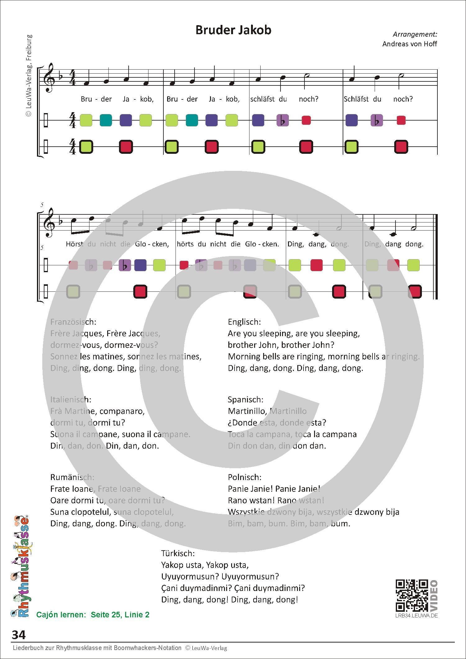 Beispielinhalt (Bild) Liederbuch zur Rhythmusklasse mit Boomwhackers-Notation