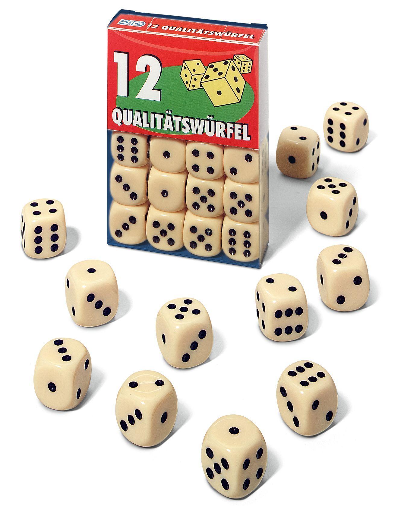 Beispielinhalt (Bild) 12 Qualitätswürfel in Klarsichtbox. FXS Würfeln/ Zubehör