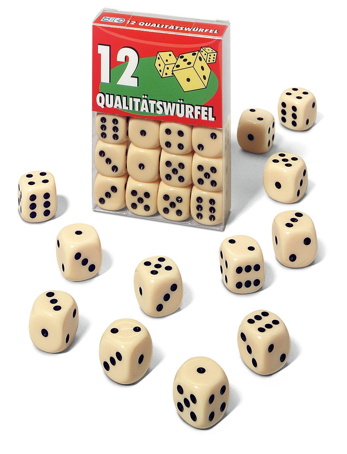 Beispielinhalt (Bild) 12 Qualitätswürfel in Klarsichtbox. FXS Würfeln/ Zubehör