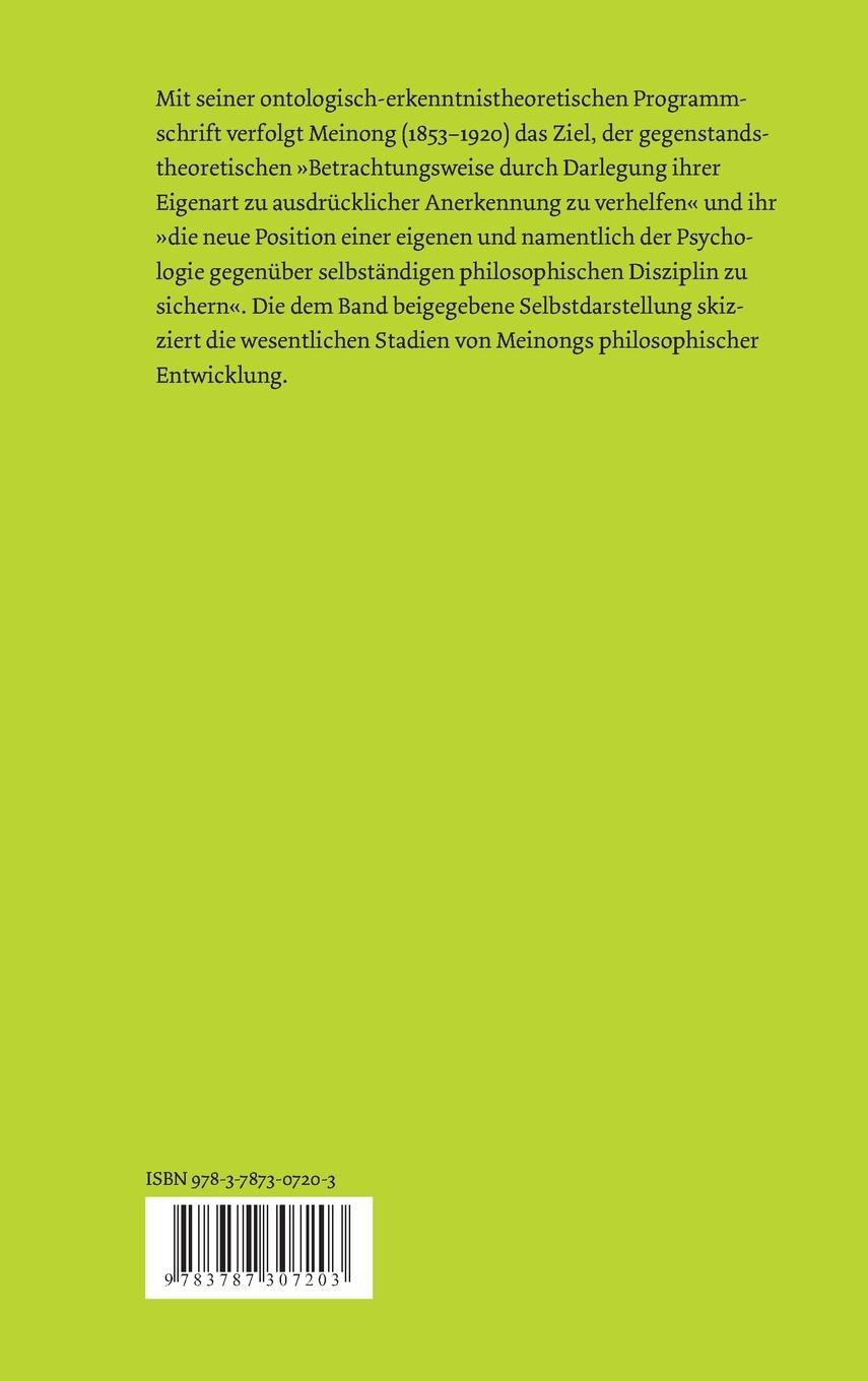 Rückseitencover Über Gegenstandstheorie. Selbstdarstellung.