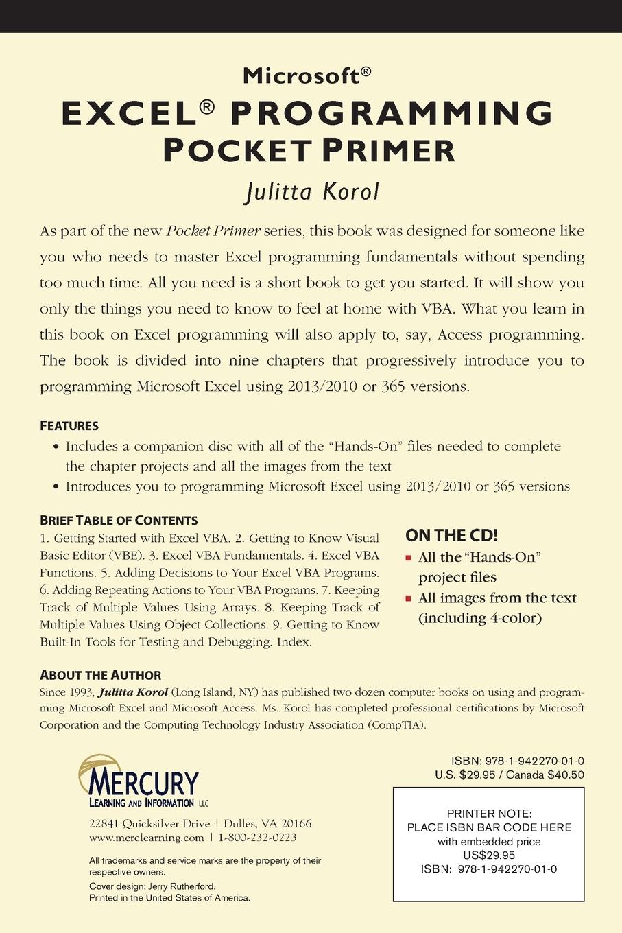 Rückseitencover Microsoft Excel Programming Pocket Primer