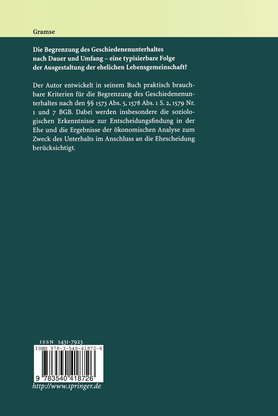 Rückseitencover Die Begrenzung des Geschiedenenunterhaltes nach Dauer und Umfang