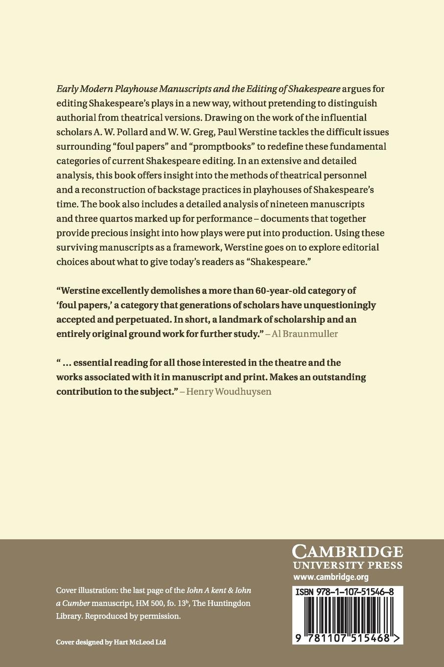 Rückseitencover Early Modern Playhouse Manuscripts and the Editing of             Shakespeare