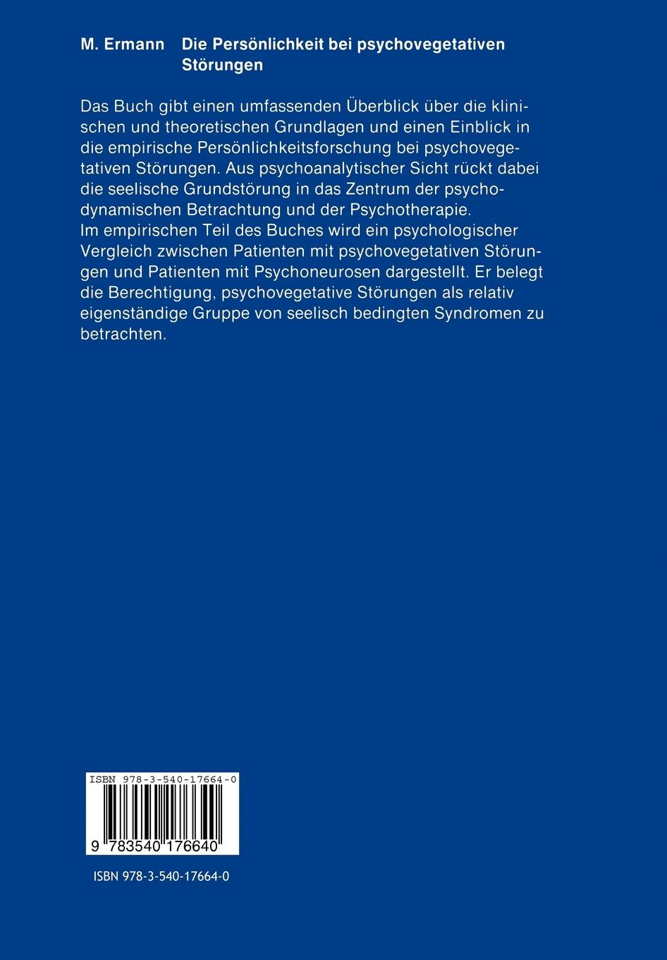 Rückseitencover Die Persönlichkeit bei psychovegetativen Störungen