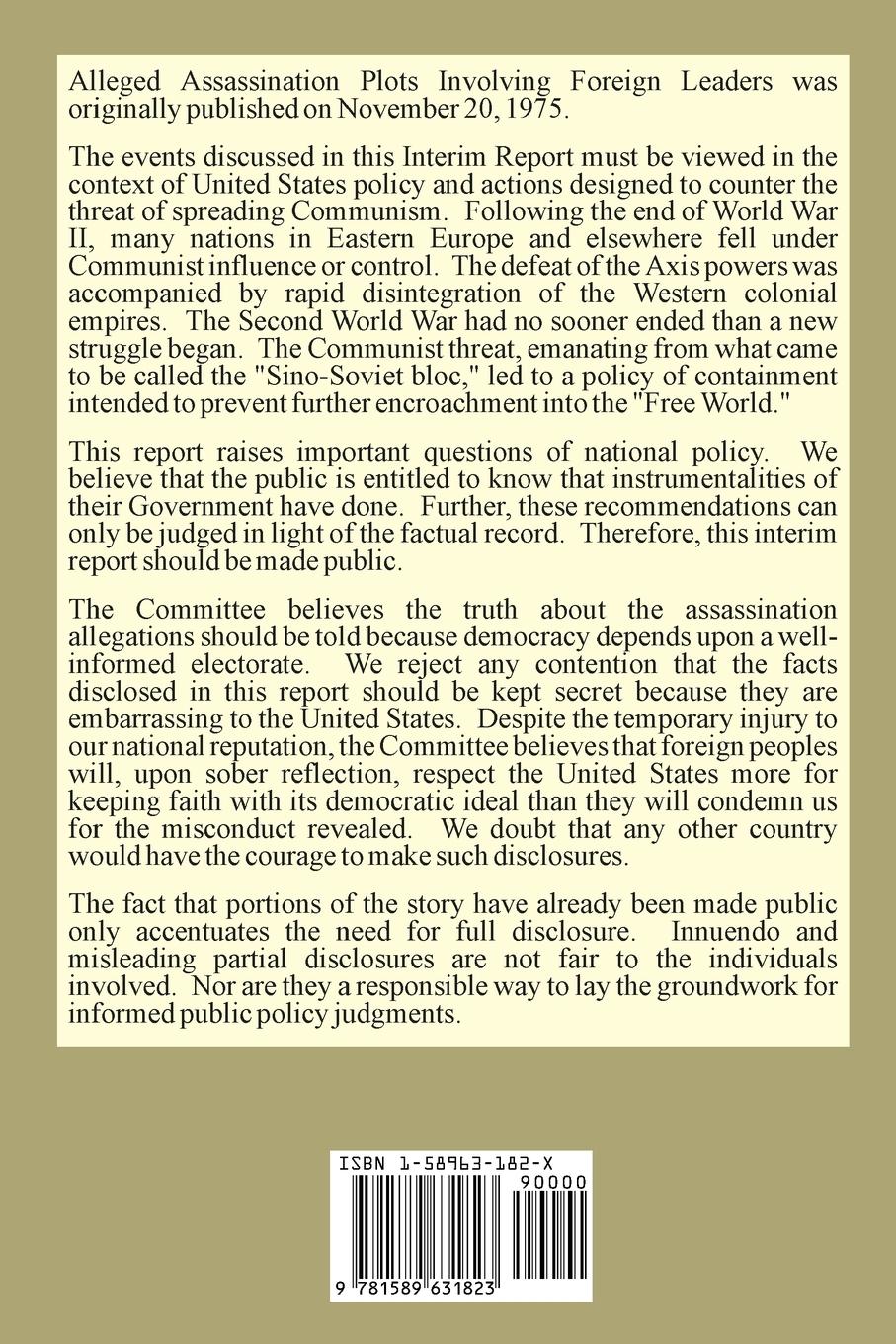 Rückseitencover Alleged Assassination Plots Involving Foreign Leaders