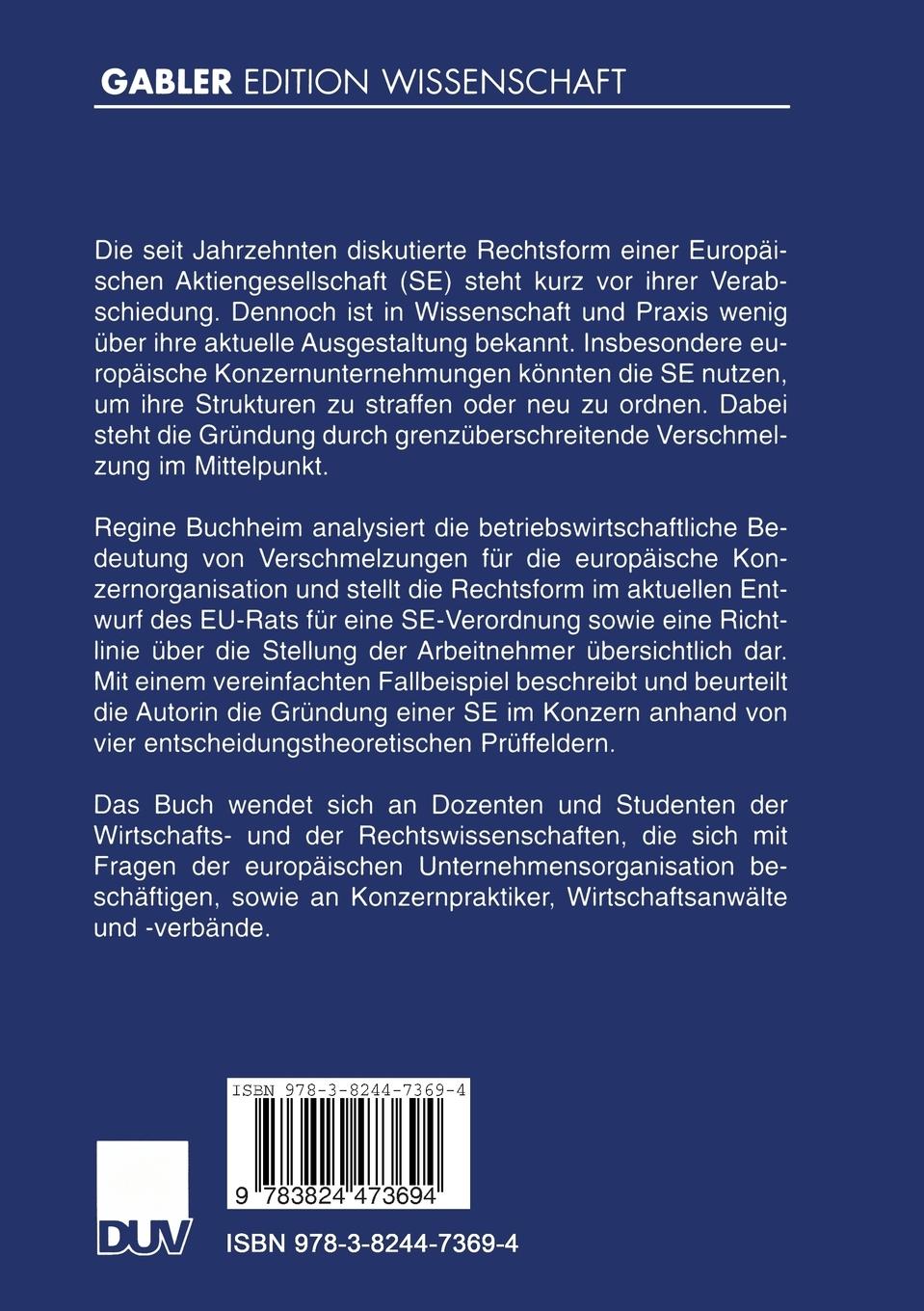 Rückseitencover Europäische Aktiengesellschaft und grenzüberschreitende Konzernverschmelzung
