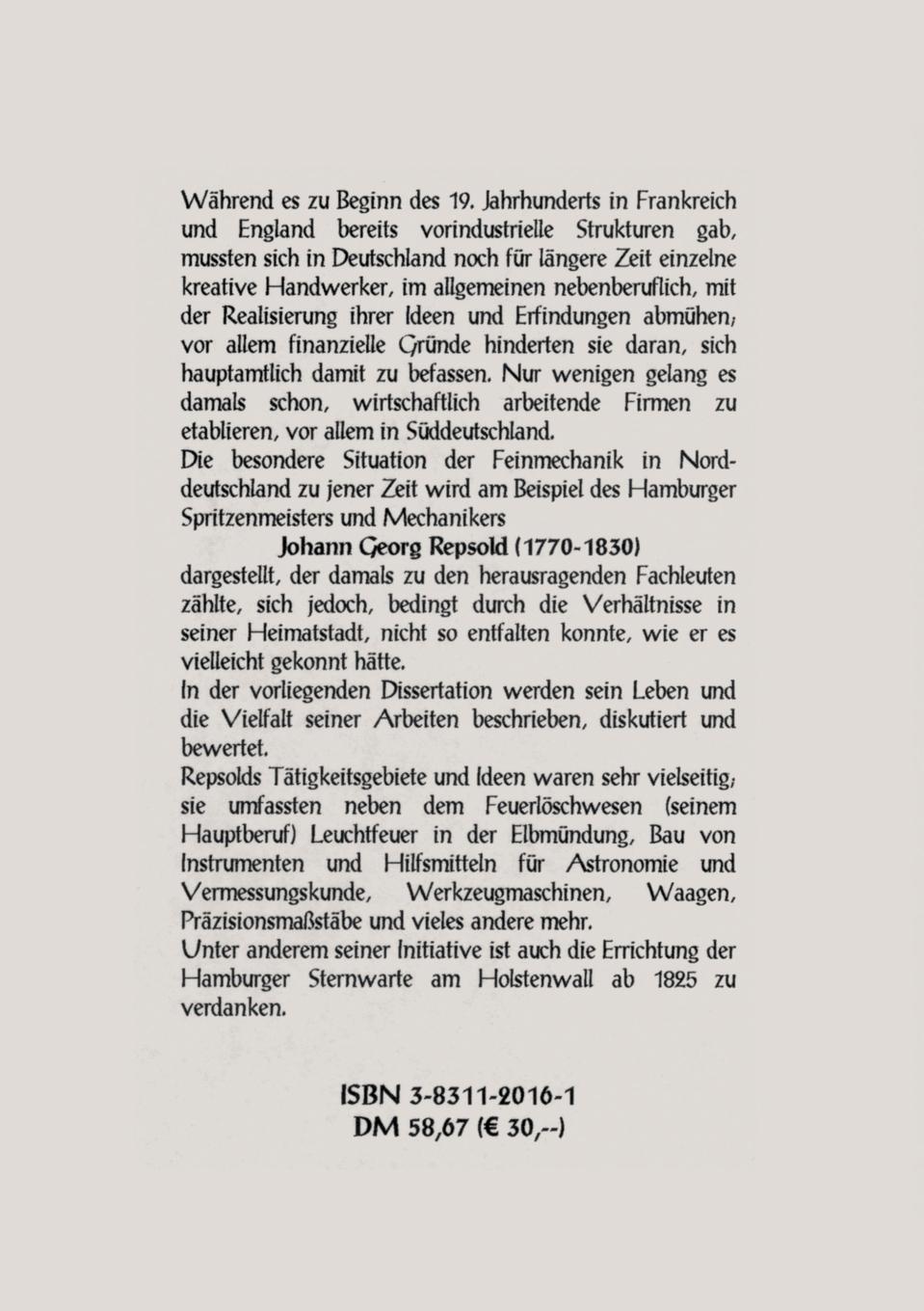 Rückseitencover Der Hamburger Spritzenmeister und Mechaniker Johann Georg Repsold (1770-1830), ein Beispiel für die Feinmechanik im nord