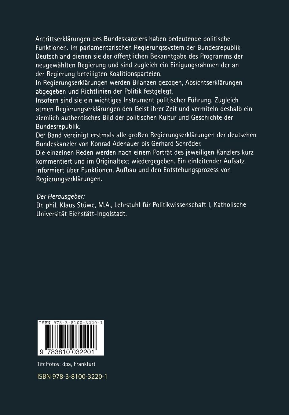 Rückseitencover Die großen Regierungserklärungen der deutschen Bundeskanzler von Adenauer bis Schröder