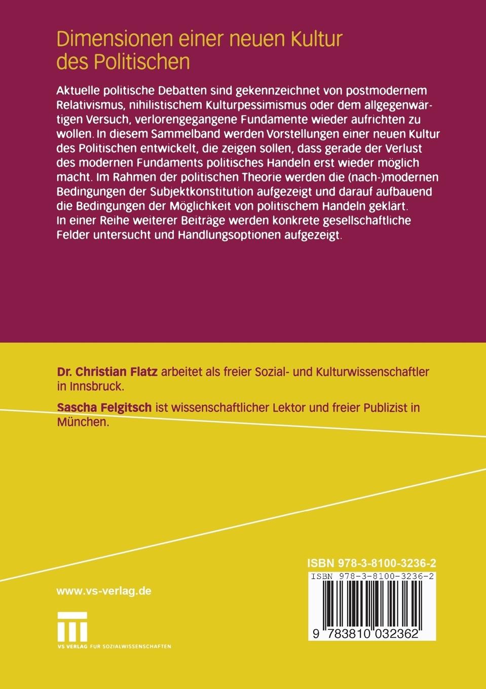 Rückseitencover Dimensionen einer neuen Kultur des Politischen