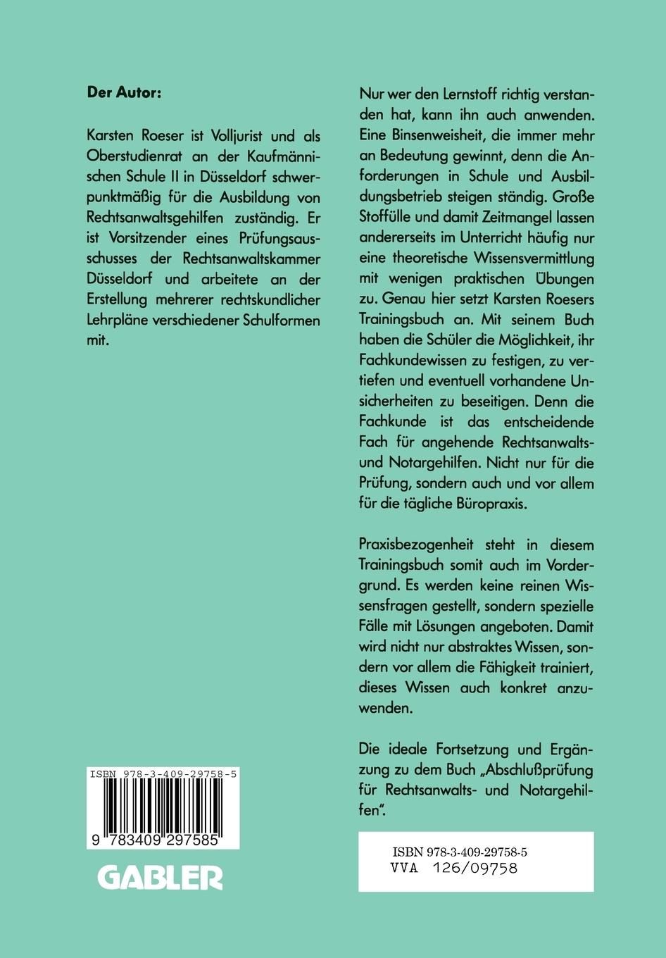 Rückseitencover Training Fachkunde für Rechtsanwalts- und Notargehilfen