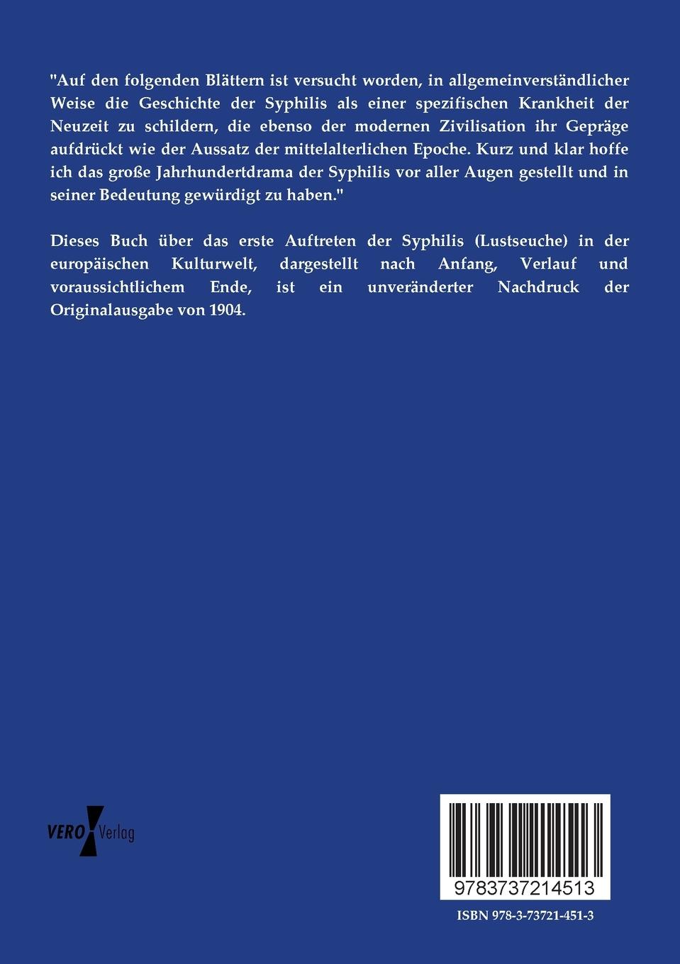 Rückseitencover Das erste Auftreten der Syphilis (Lustseuche) in der europäischen Kulturwelt