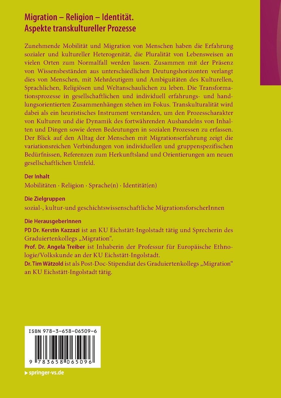 Rückseitencover Migration - Religion - Identität. Aspekte transkultureller Prozesse