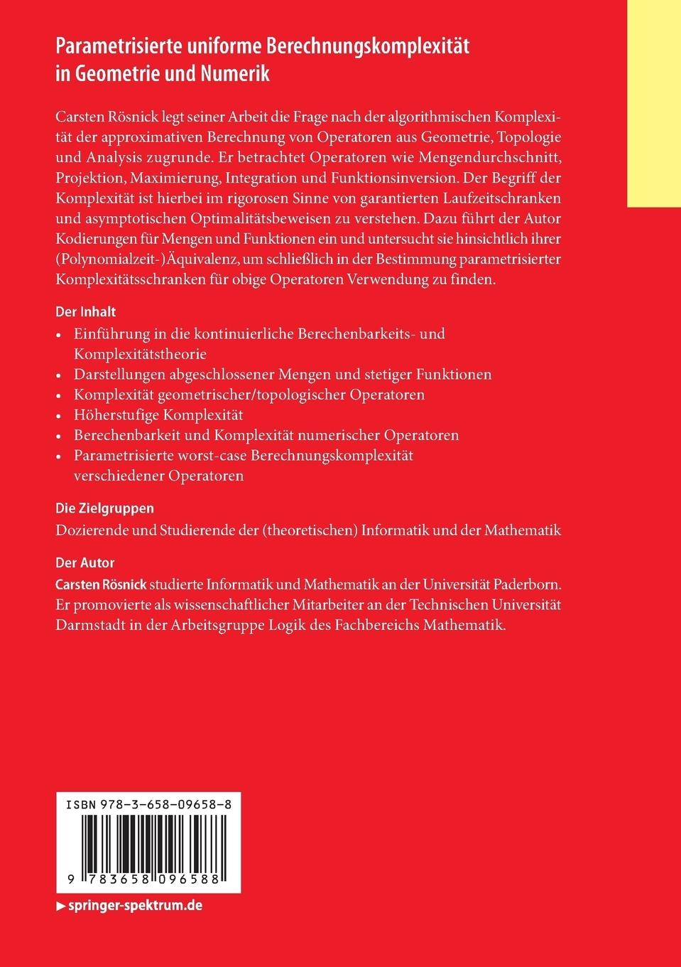 Rückseitencover Parametrisierte uniforme Berechnungskomplexität in Geometrie und Numerik