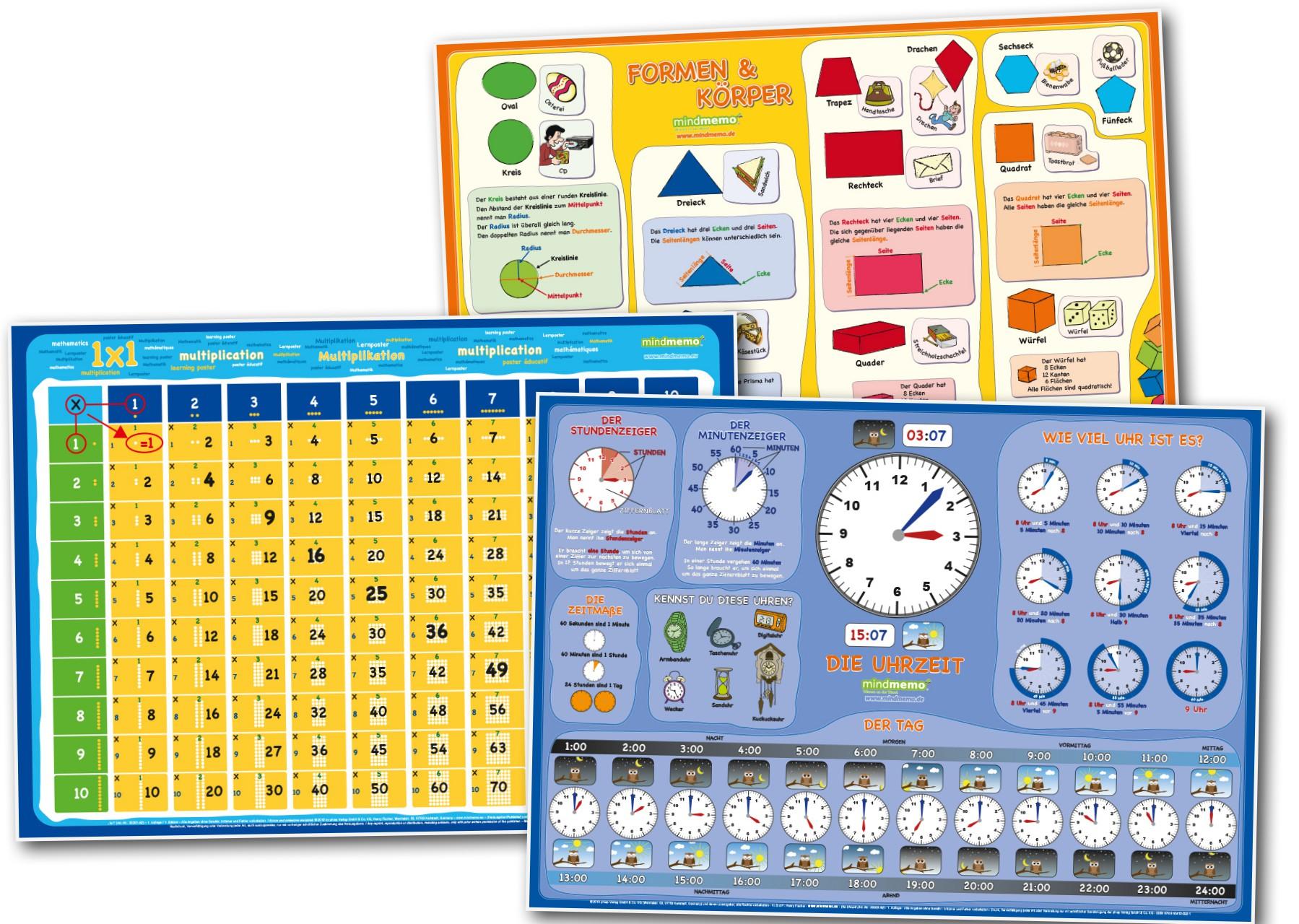 Vorderes Coverbild mindmemo Lernposter 3er Set Grundschule - Die Uhrzeit + Formen&Körper + 1x1 Mathe - Grundschul Poster - Zusammenfassung