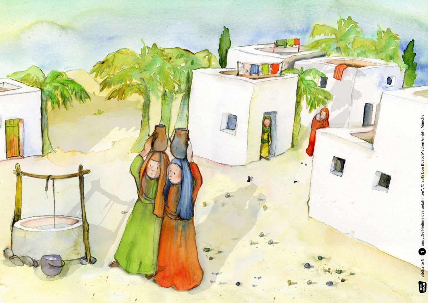 Beispielinhalt (Bild) Die Heilung des Gelähmten. Kamishibai Bildkartenset.