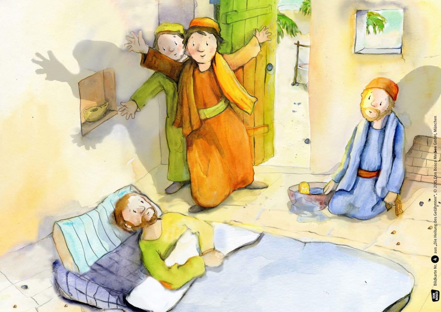 Beispielinhalt (Bild) Die Heilung des Gelähmten. Kamishibai Bildkartenset.