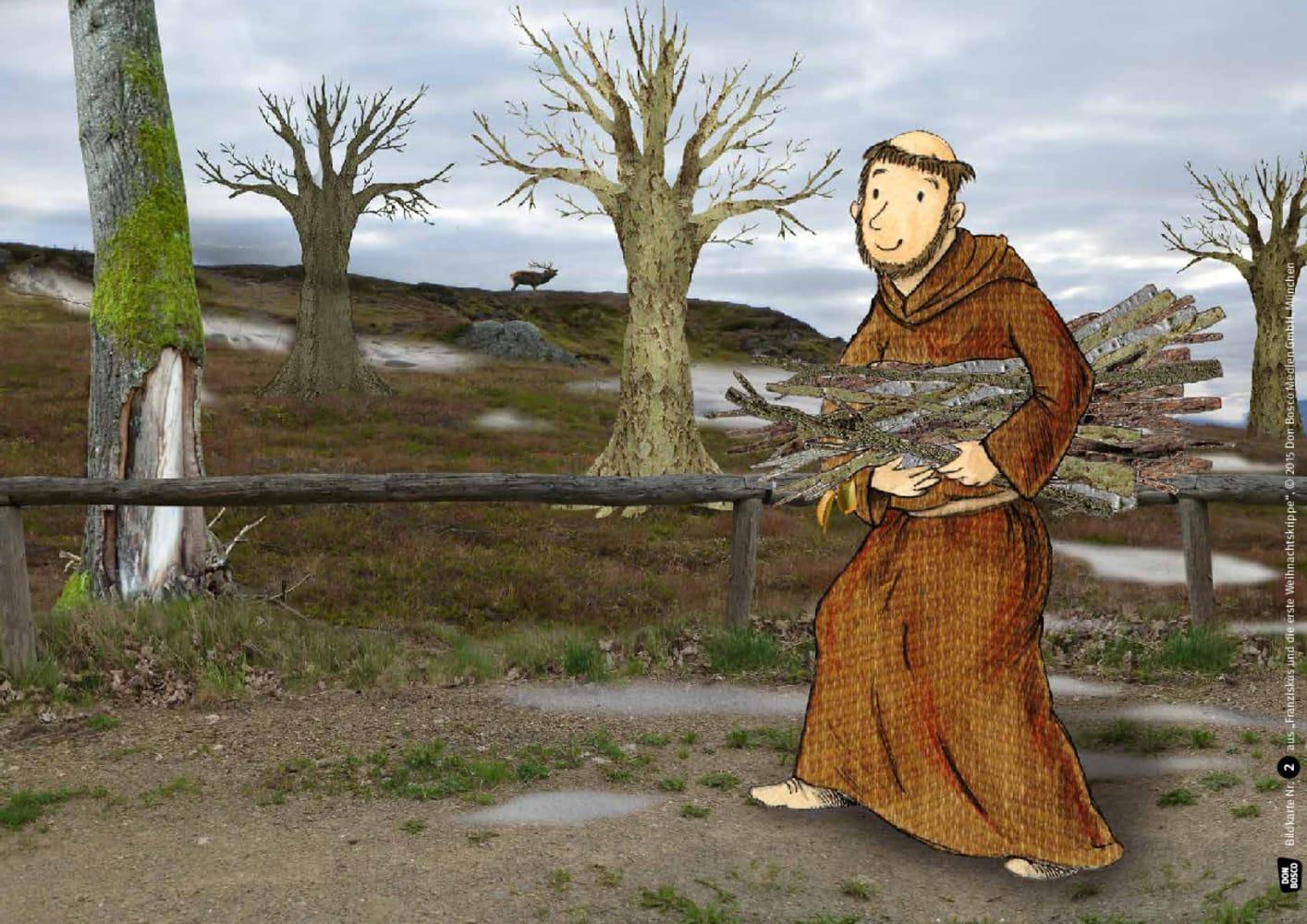 Beispielinhalt (Bild) Franziskus und die erste Weihnachtskrippe. Kamishibai Bildkartenset.