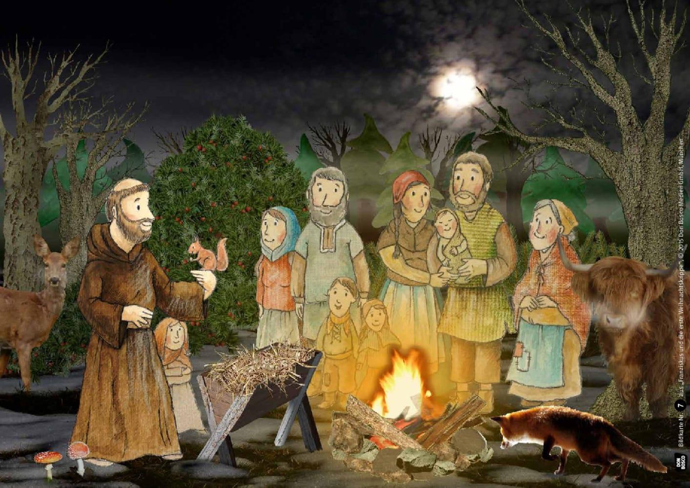 Beispielinhalt (Bild) Franziskus und die erste Weihnachtskrippe. Kamishibai Bildkartenset.