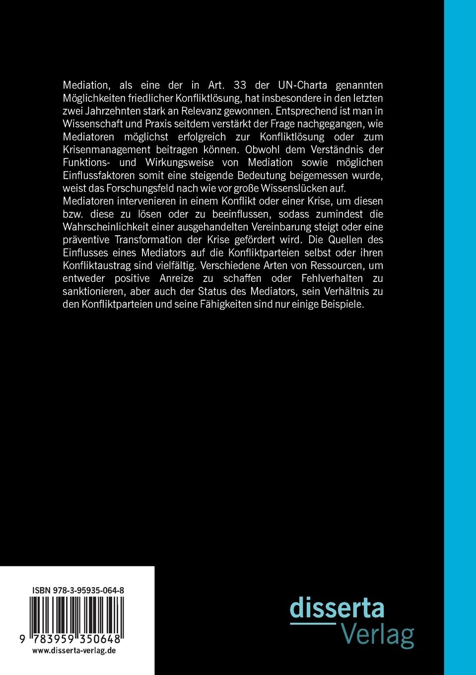 Rückseitencover Die Mediationsstile im Zypernkonflikt: Die  Relevanz von Kontext, Mandat und Mediator