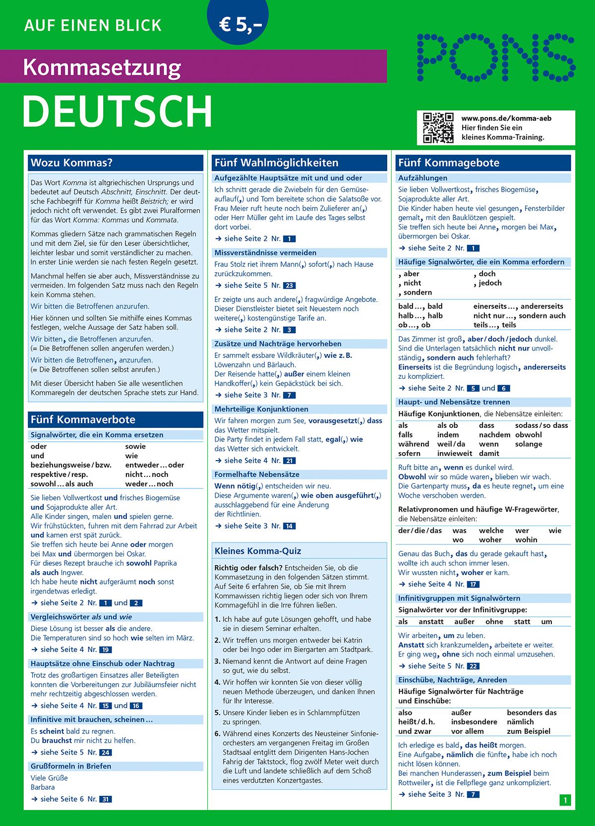 Vorderes Coverbild PONS Kommasetzung auf einen Blick Deutsch
