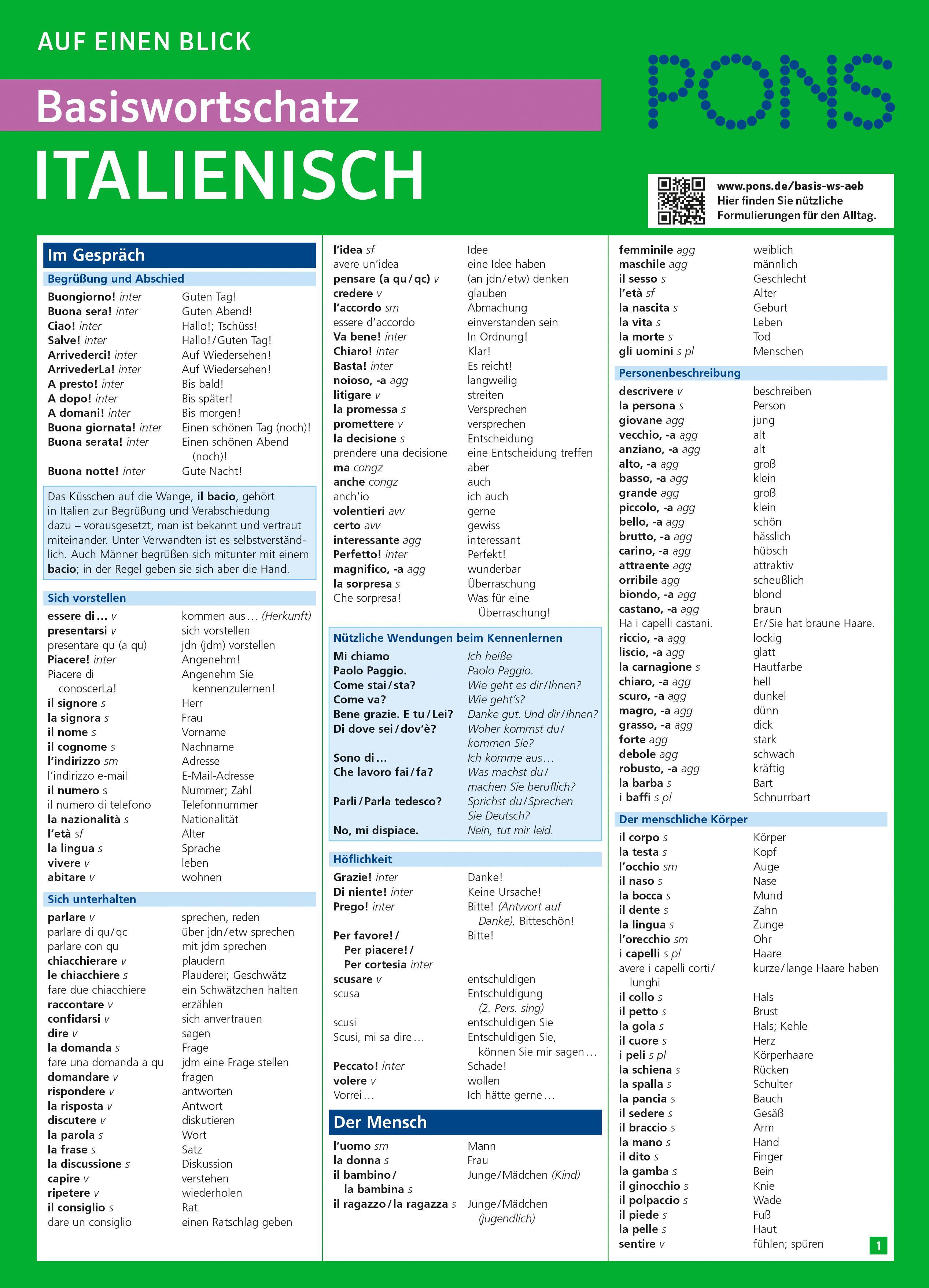 Vorderes Coverbild PONS Basiswortschatz auf einen Blick Italienisch