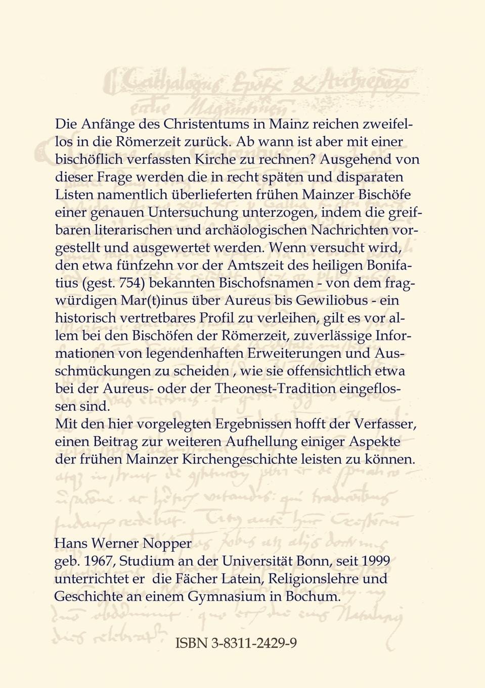 Rückseitencover Die vorbonifatianischen Mainzer Bischöfe