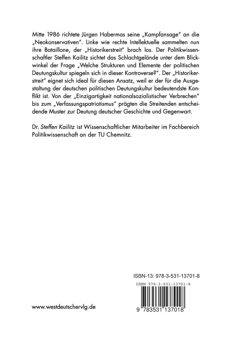 Rückseitencover Die politische Deutungskultur im Spiegel des "Historikerstreits"