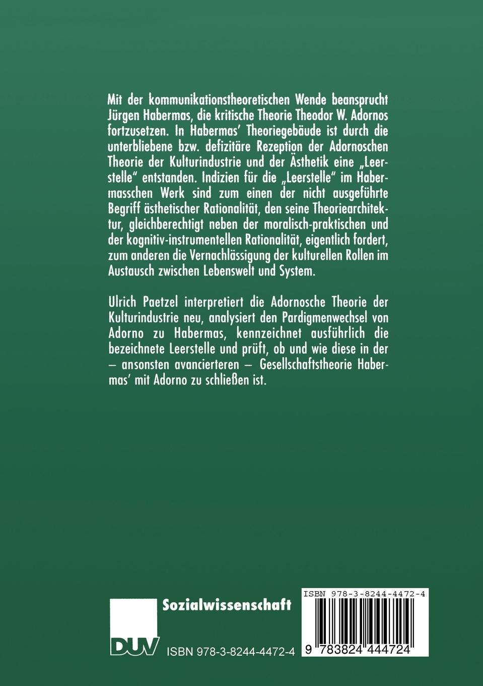 Rückseitencover Kunst und Kulturindustrie bei Adorno und Habermas