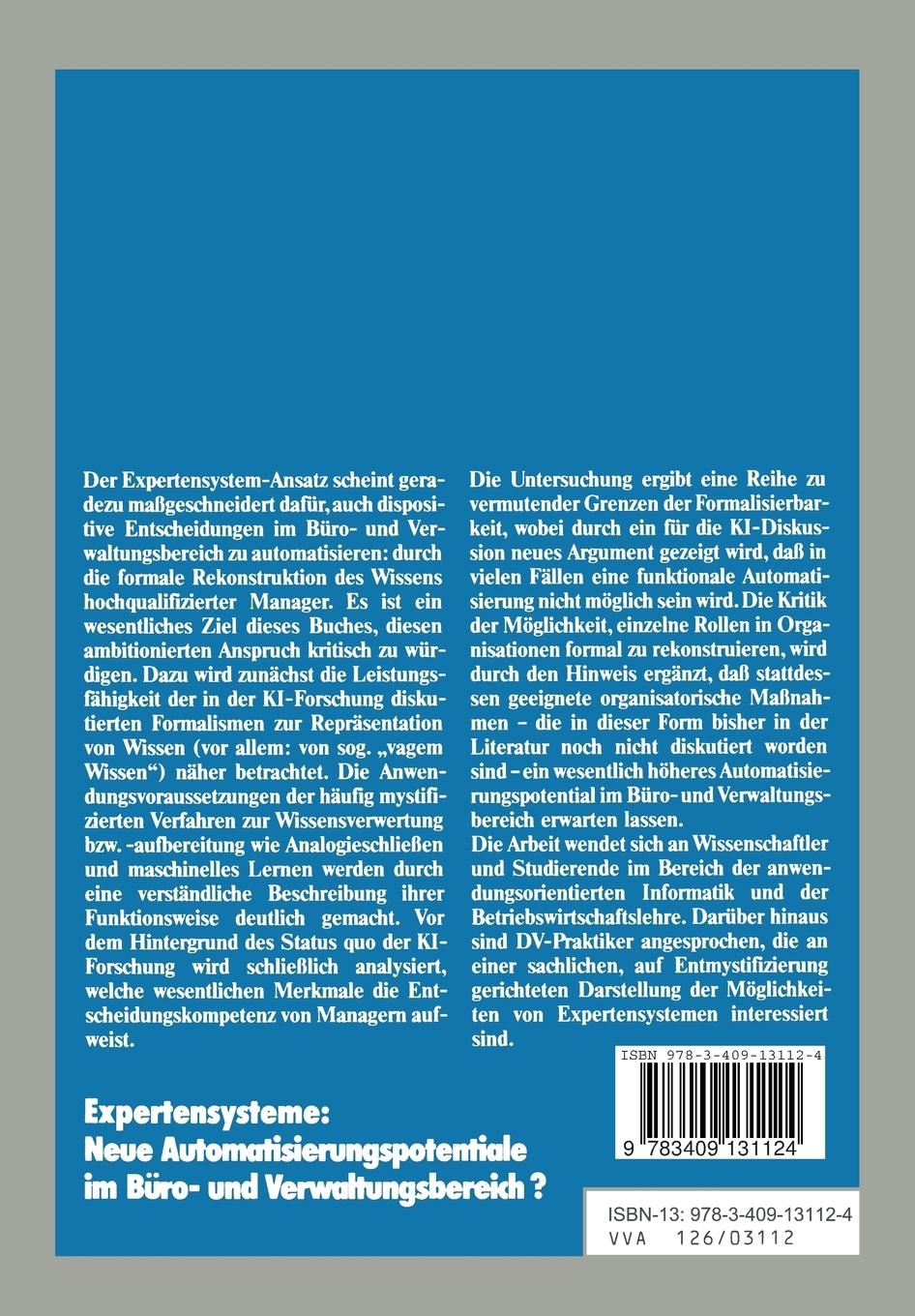 Rückseitencover Expertensysteme: Neue Automatisierungspotentiale im Büro- und Verwaltungsbereich?