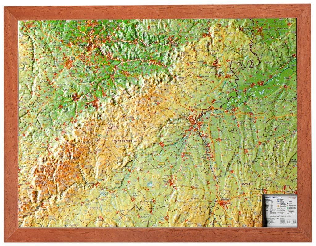 Vorderes Coverbild Relief Schwäbische Alb 1:430.000 mit Holzrahmen