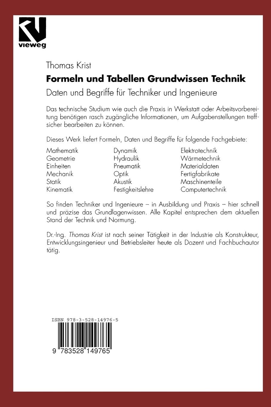 Rückseitencover Formeln und Tabellen Grundwissen Technik