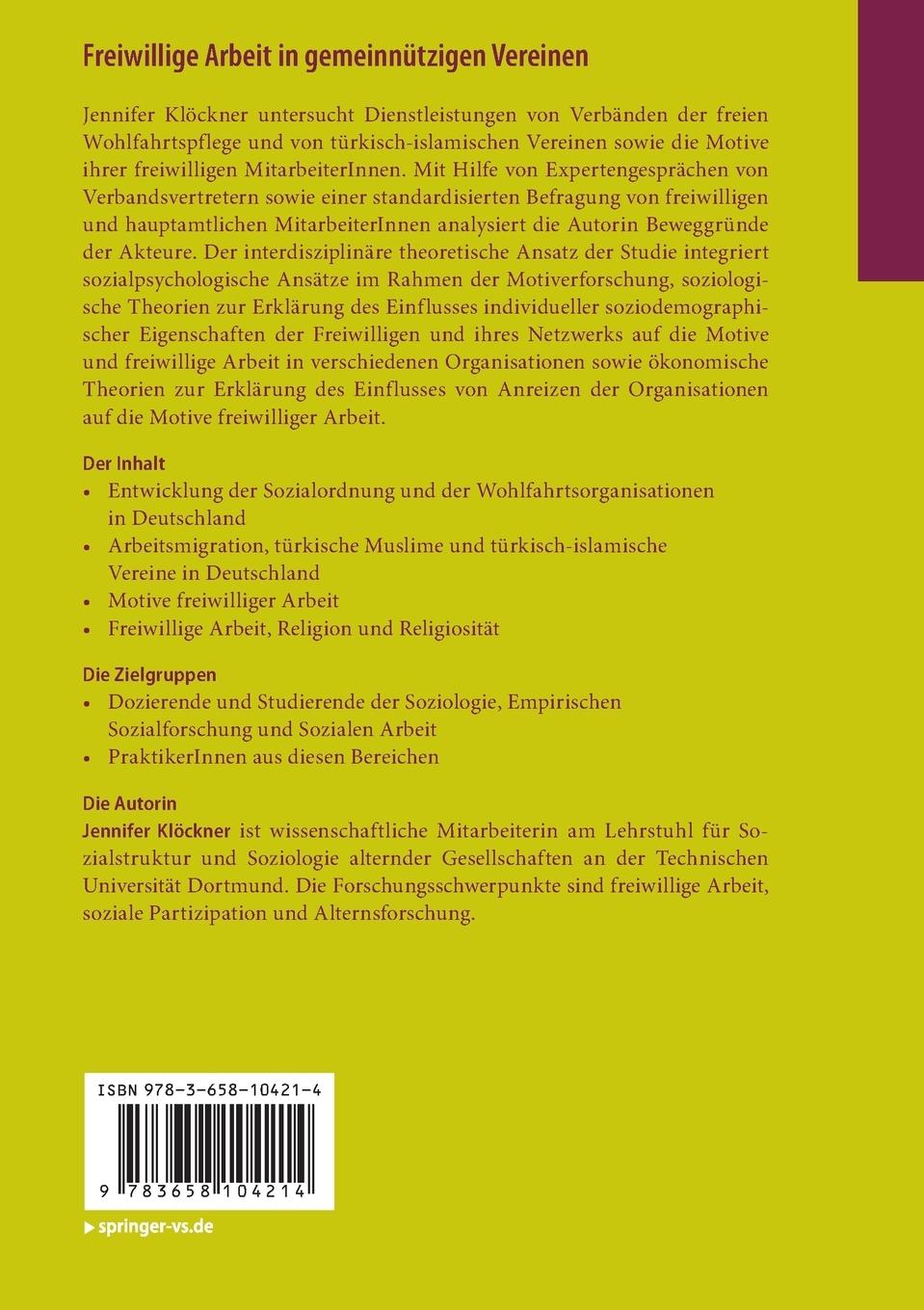 Rückseitencover Freiwillige Arbeit in gemeinnützigen Vereinen