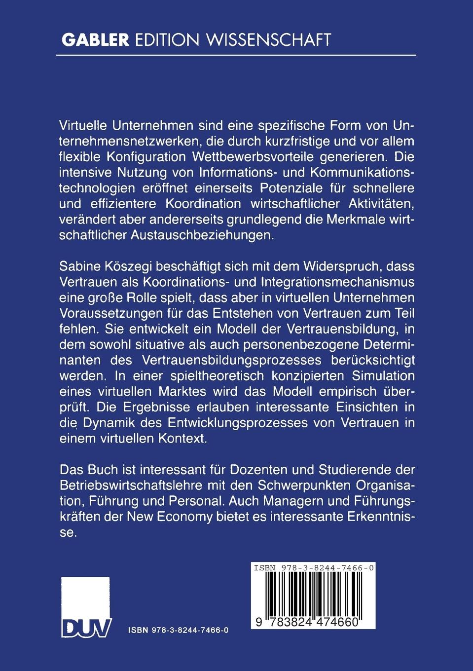 Rückseitencover Vertrauen in virtuellen Unternehmen