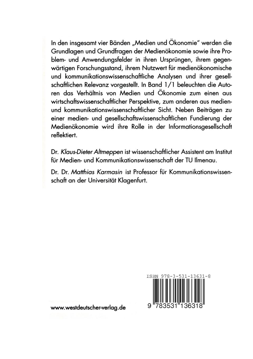 Rückseitencover Medien und Ökonomie