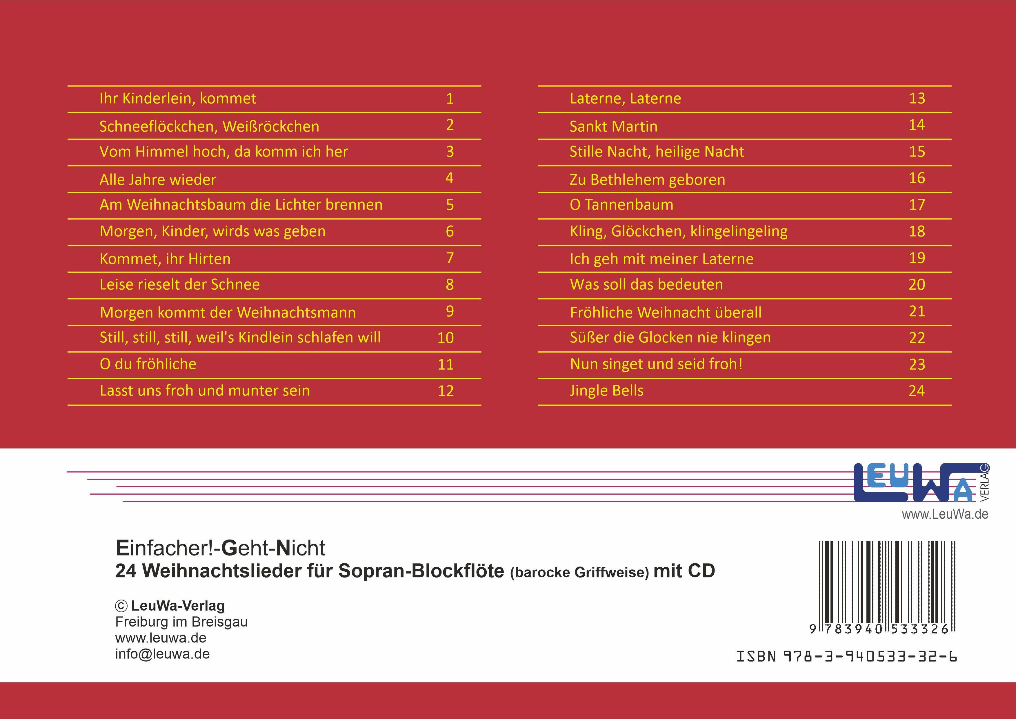 Rückseitencover Einfacher!-Geht-Nicht: 24 Weihnachtslieder für Sopran-Blockflöte (Barocke Griffweise) mit CD