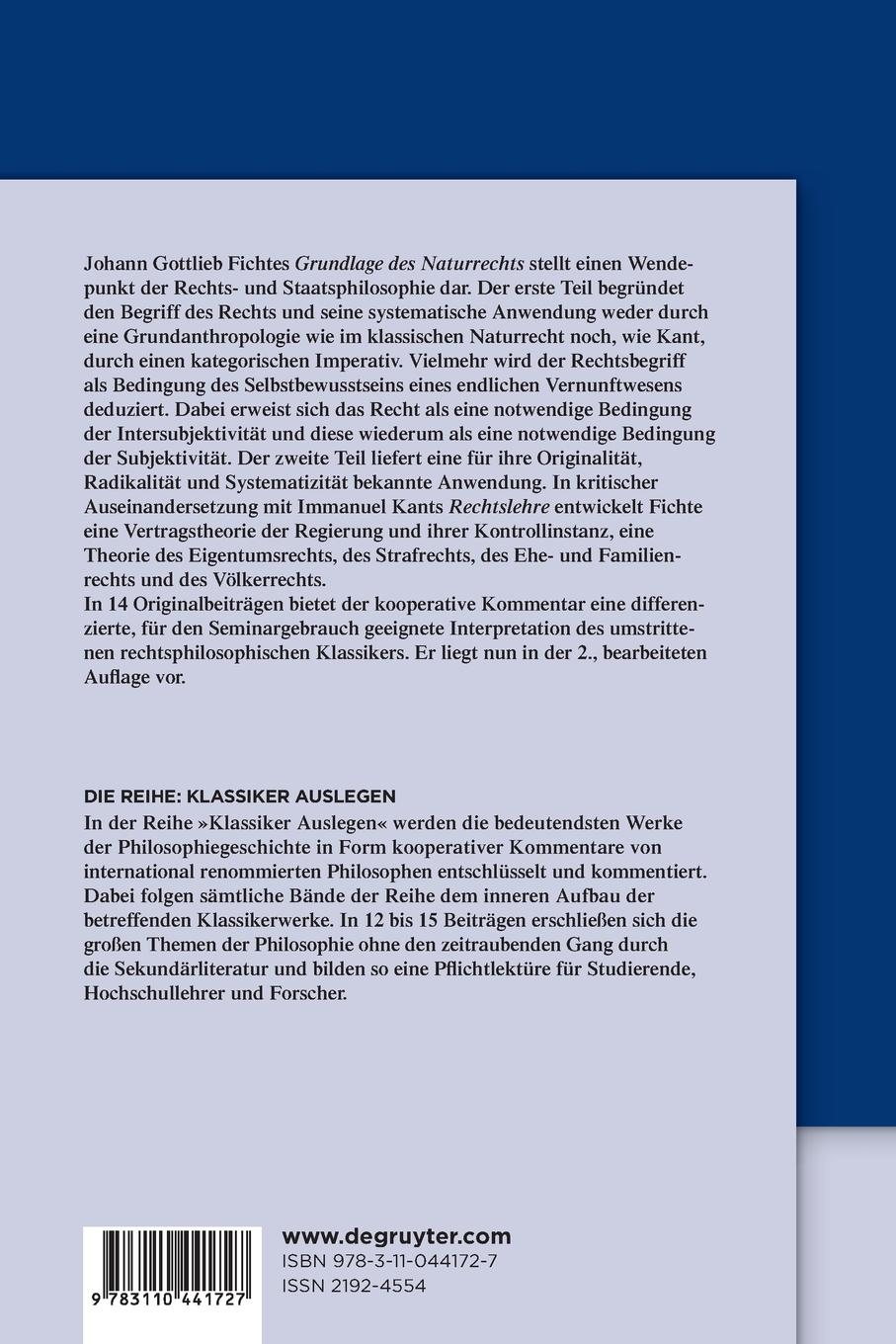 Rückseitencover Johann Gottlieb Fichte: Grundlage des Naturrechts