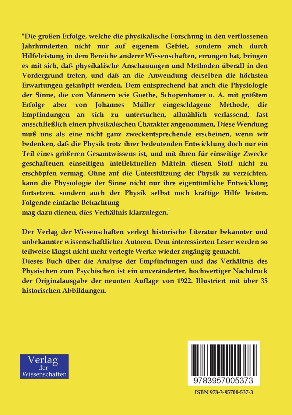 Rückseitencover Die Analyse der Empfindungen