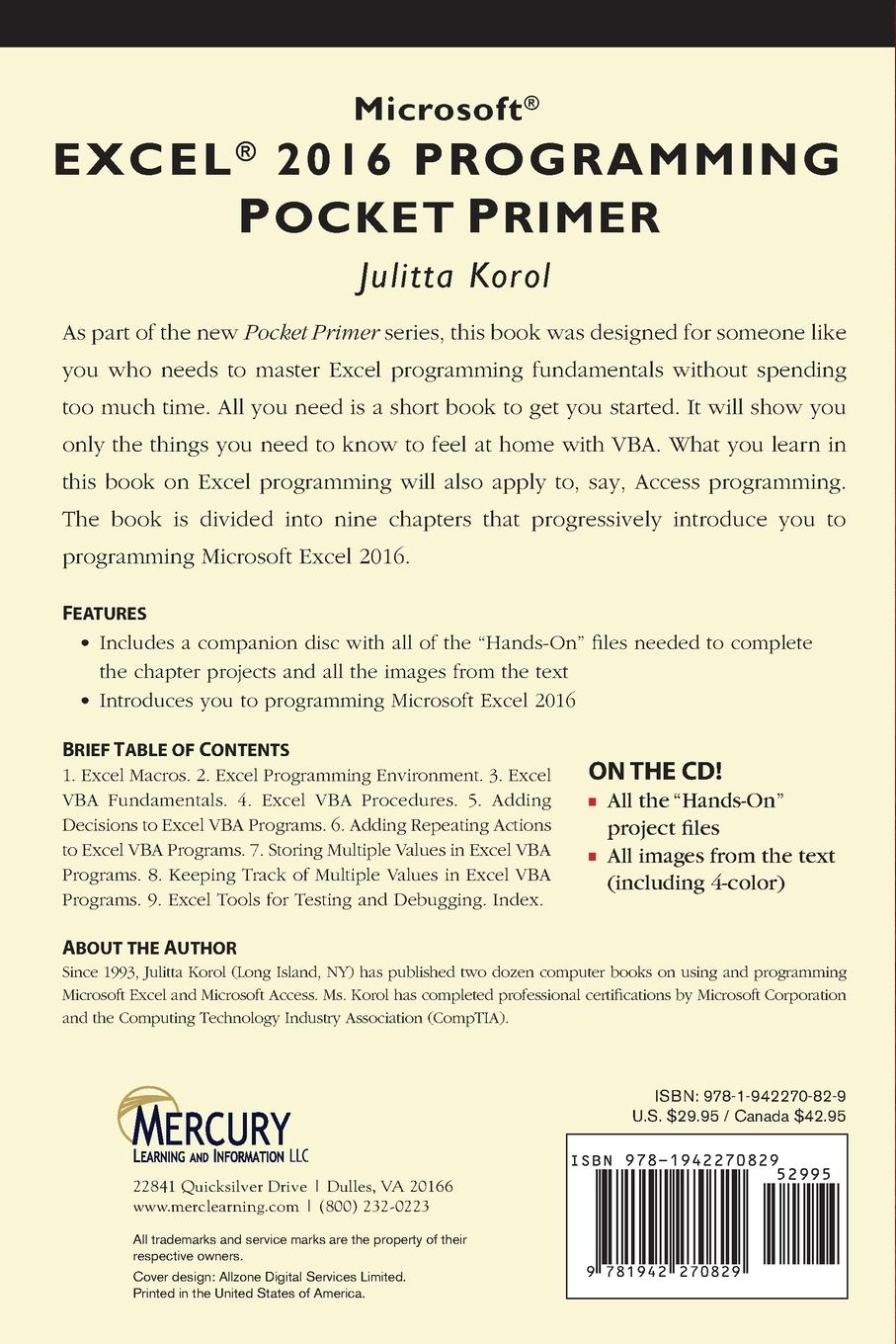 Rückseitencover Microsoft Excel 2016 Programming Pocket Primer