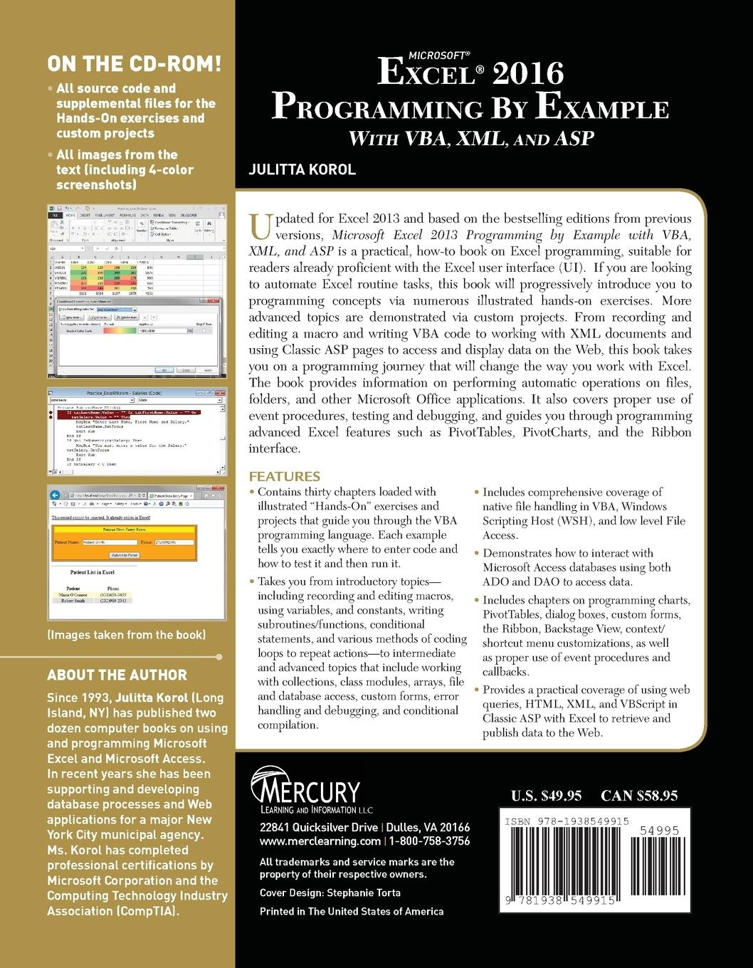 Rückseitencover Microsoft Excel 2016 Programming by Example with VBA, XML, and ASP