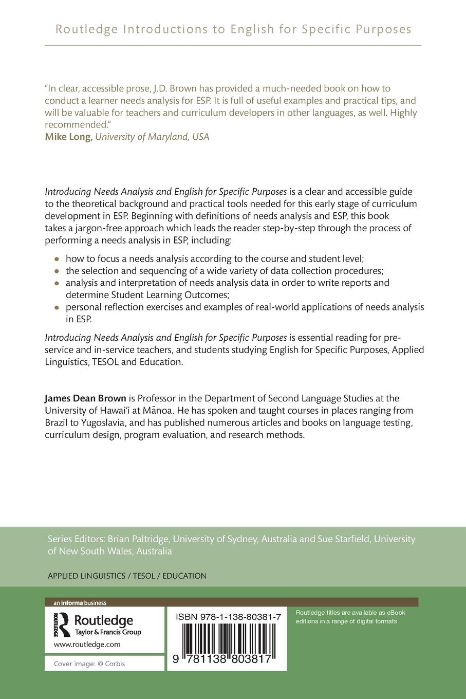 Rückseitencover Introducing Needs Analysis and English for Specific Purposes