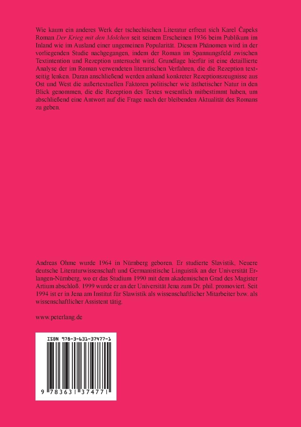 Rückseitencover Karel ¿apeks Roman 'Der Krieg mit den Molchen'