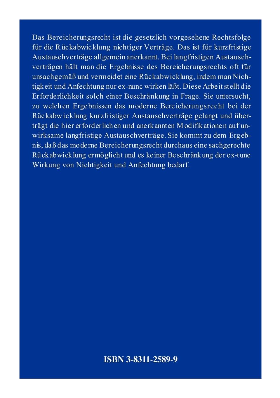 Rückseitencover Die bereicherungsrechtliche Rückabwicklung kurz- und langfristiger Austauschverträge