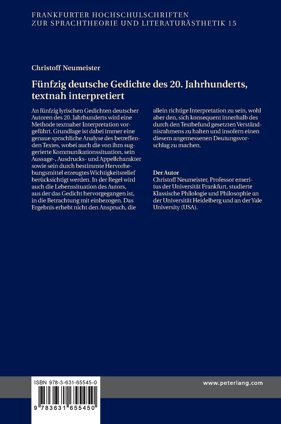 Rückseitencover Fünfzig deutsche Gedichte des 20. Jahrhunderts, textnah interpretiert