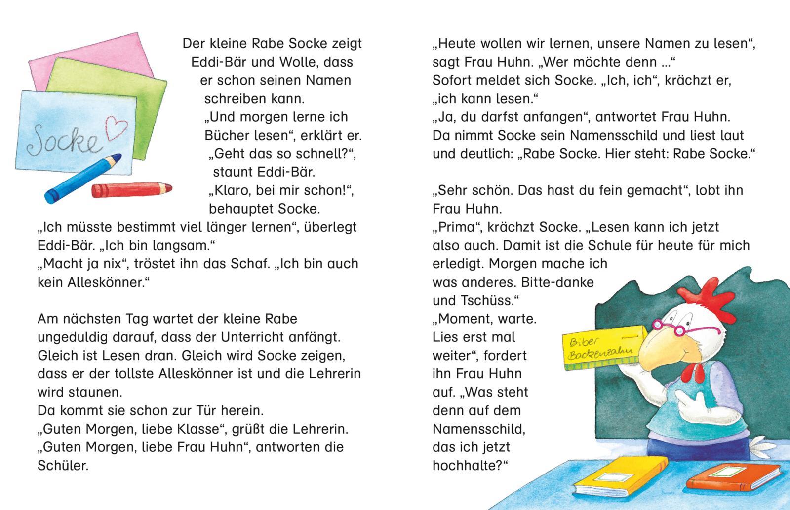 Beispielinhalt (Bild) Der kleine Rabe Socke: Alles Schule - jetzt bin ich da! Drei Schulanfangs-Geschichten vom kleinen Raben Socke