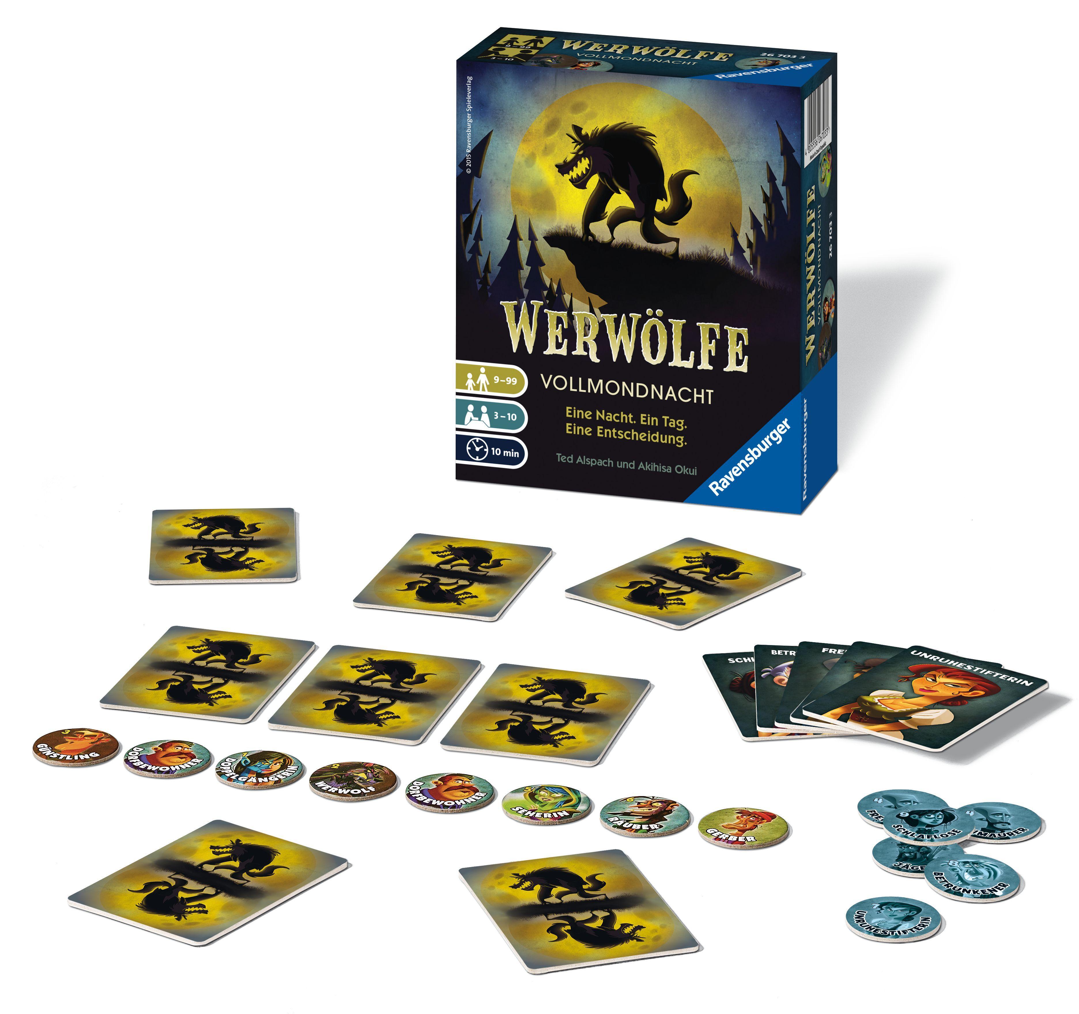 Beispielinhalt (Bild) Ravensburger 26703 - Werwölfe - Vollmondnacht, Gesellschaftsspiel ab 9 Jahren, Actionsspiel für 3-10 Spieler, Spielereihe