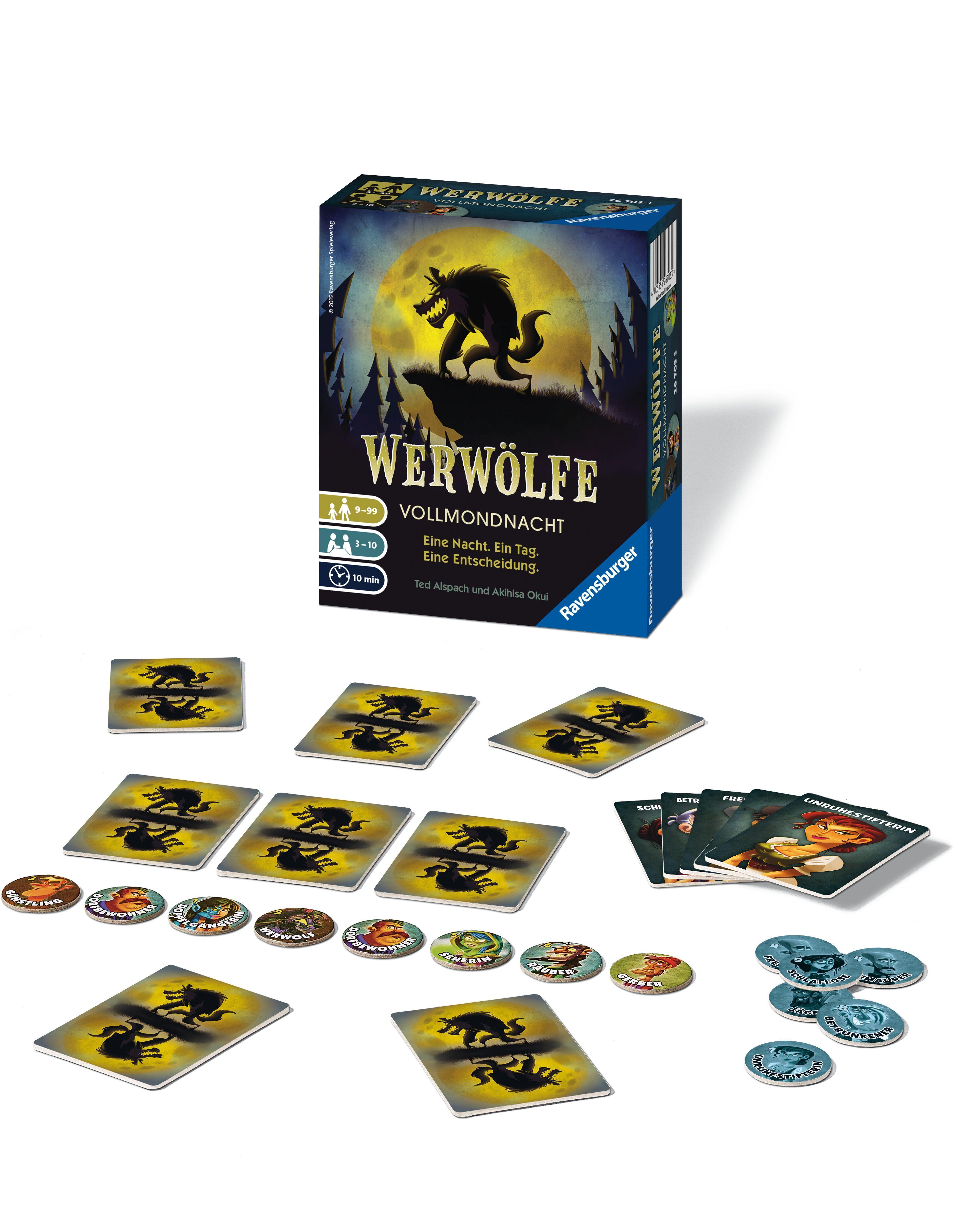 Beispielinhalt (Bild) Ravensburger 26703 - Werwölfe - Vollmondnacht, Gesellschaftsspiel ab 9 Jahren, Actionsspiel für 3-10 Spieler, Spielereihe