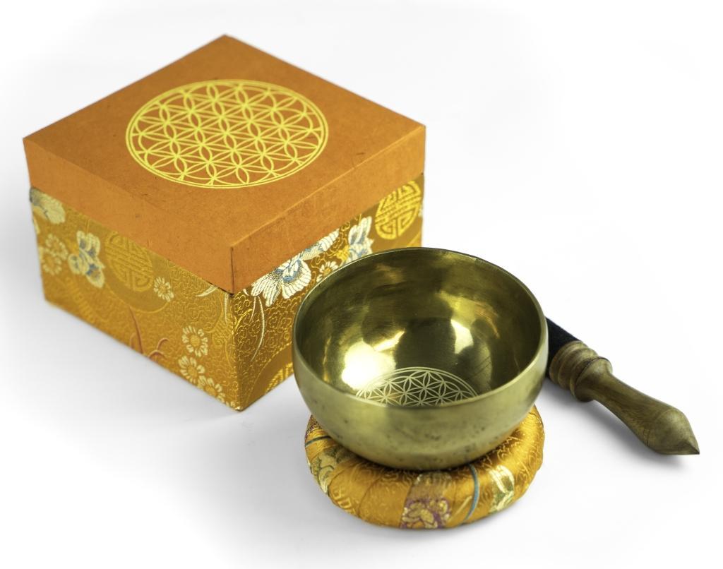 Vorderes Coverbild Klangschalen-Set mit Gravur Blume des Lebens Größe L