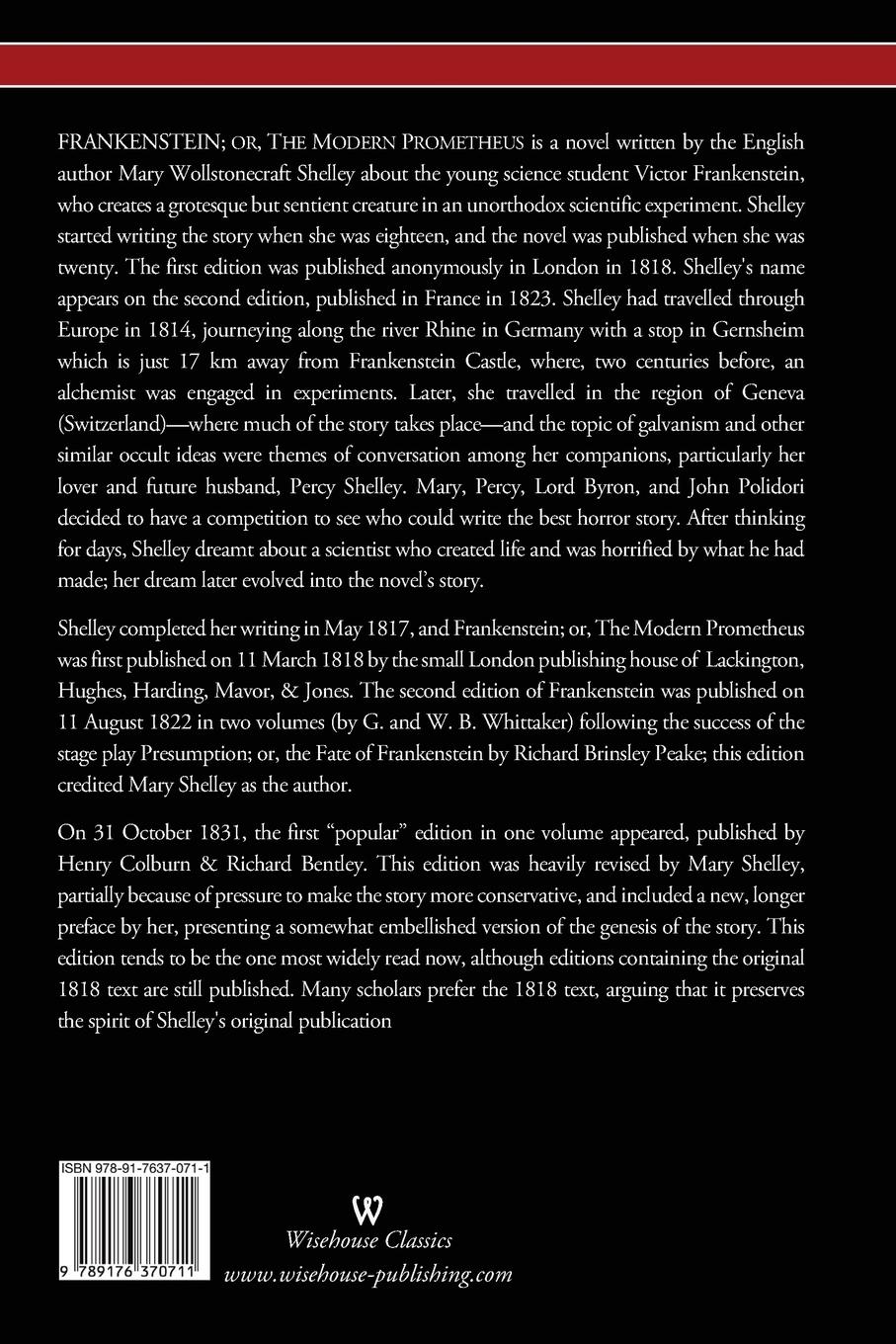 Rückseitencover FRANKENSTEIN or The Modern Prometheus (The Revised 1831 Edition - Wisehouse Classics)