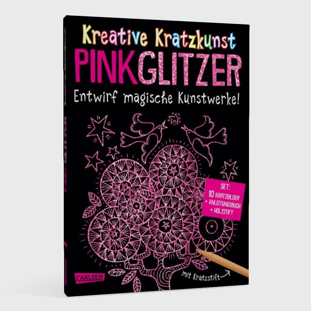 Beispielinhalt (Bild) Kreative Kratzkunst: Pink Glitzer: Set mit 10 Kratzbildern, Anleitungsbuch und Holzstift